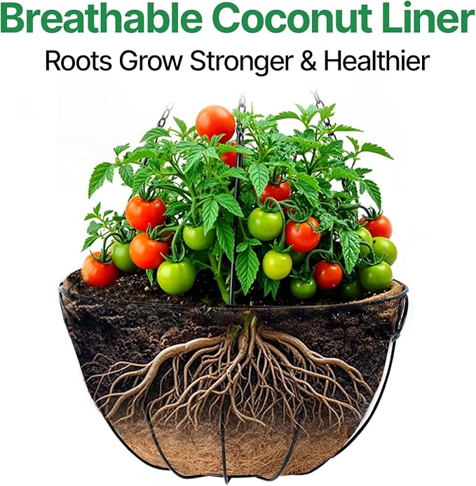 AMAGABELI GARDEN & HOME 4 Pack 15 Inch Metal Plant Hanging Baskets Planter Flower Pots Outdoor Indoor Wire Hanging Basket for Vegetable with Coco Fiber Liners for Garden Home Porch Decor