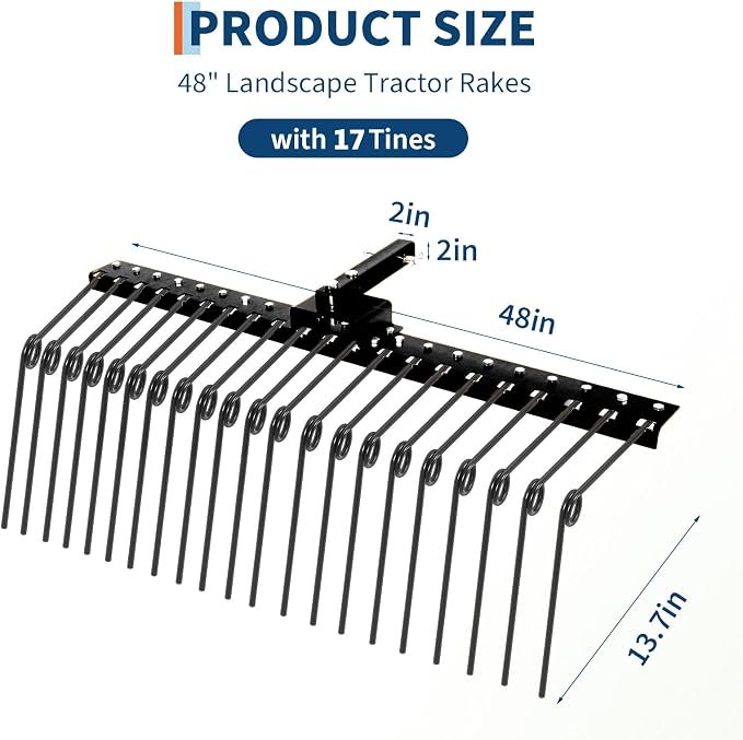 GlowSol 48-Inch Heavy Duty Tow-Behind Pine Straw & Landscape Rake for Tractor, ATV, UTV – 17 Powder-Coated Steel Tines, 2-Inch Receiver Hitch, Ideal for Lawn Leveling, Dethatching & Debris Collection