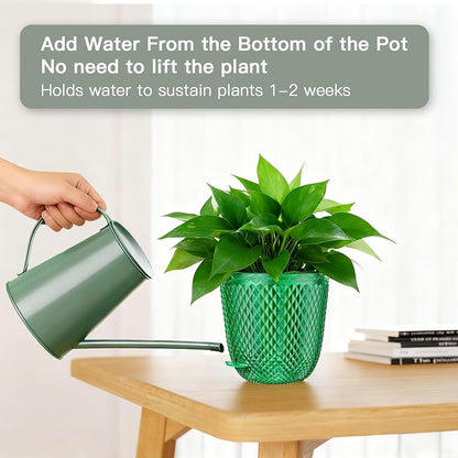 QCQHDU Hanging Planters for Indoor Plants, 2-Pack, 7.2 Inch, Emerald | Plastic, Self Watering Plant Hanger, with Drainage Holes, 3 Hooks Chains, For Garden Home