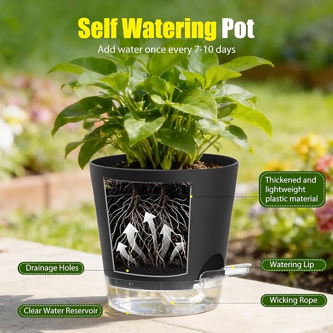 Plant Pots 4 Inch Self Watering Pots,6 Pack Plastic Planters with Drainage Holes and Clear Saucers,Plastic Flower Pots,Nursery Planting Pot for Indoor Out Door Plants (Black, 4 inch)