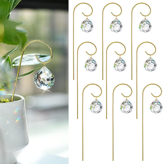 9pcs 30mm Crystal Ball Prism Suncatchers with 7.5'' Gold Trellis | For Mini Potted Plants,Miniature Garden Decorations,Fairy Garden Sun Catchers for Indoor Plants Accessories,Whimsical Decor