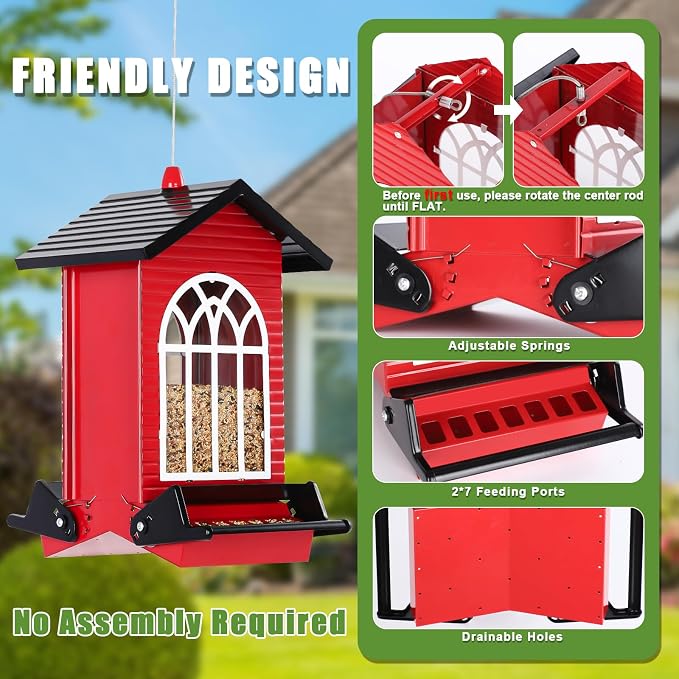 Red bird feeder with assembly instructions on a green background