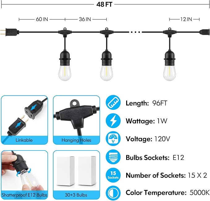 Lakumu 2-Pack 96FT Outdoor String Lights with Waterproof Shatterproof Dimmable 5000K Daylight White E12 Filament S14 LED Bulbs for Backyard Hanging Lights Linkable Patio Light for Deck Bistro Pergola