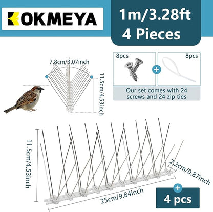 Bird Spikes 3.28FT, 304 Stainless Steel Pigeon Spikes with Plastic Base for Gardens Outdoor, Keep Seagull Pigeon Away Birds Scarer Devices 4PACK