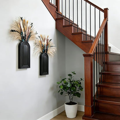 2 Pack Wooden Wall Vase Set with Pampas Grass Eucalyptus, Modern Farmhouse Boho Wall Decor for Living Room, Entryway, Hallway, Bathroom, Dining Room, Black Wall Art for Home Decoration