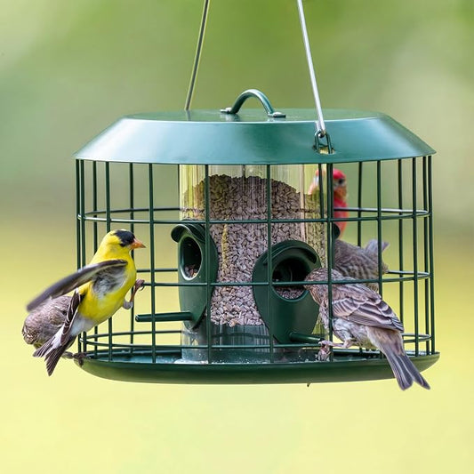 Kingsyard Tube Squirrel Proof Bird Feeders for Outdoor Hanging, Metal Caged | Rain Proof Covered, Wildbirds Finches Bluebird, 4 Feeding Ports, Green