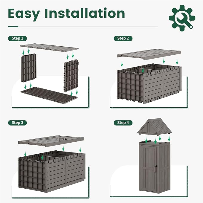 Bifanuo Deck Box Storage Shed Outdoor Storage Cabinet, Vertical Waterproof Resin Material Plastic Shed with Removable Shelves, 12 Hooks and Lock Ring for Garden, Pool and Patio (Classic Grey)