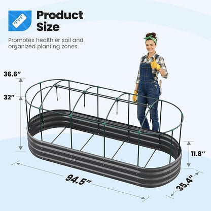 Quictent Galvanized Raised Garden Bed Kit with Self Watering System and Mesh Cover, Large Oval Metal Outdoor Planter Garden Boxes for Vegetables Herbs Flowers, 8x3x1Ft
