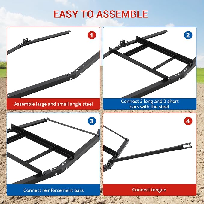 GarveeLife 74”Wide Drag Harrow, High Efficient Driveway Grader with Pin Hitch, Up to 50 LBS, Heavy Duty Lawn Leveling Rake Pull Behind Lawn Tractor Rake for Sand, Soil, Farm, Garden