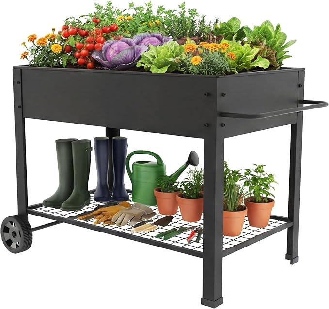 aboxoo Extra Large Outdoor Planter Raised Bed 49" L x 25" W x 31" H, Metal Box with Legs & Wheels, Elevated Garden Bed for Vegetables, Flowers, Herbs Patio