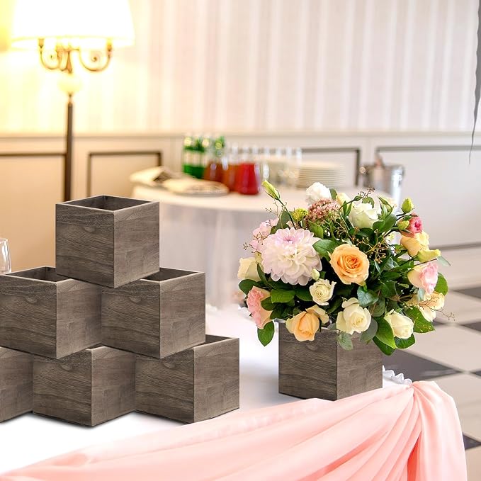 Suzile 12 Set 4 Inch Wooden Planter Box Flower Square Vases for Centerpiece Rustic Cube Planter Box with Removable Foam Blocks Liner Square Vase Craft for Garden Home(Brown Wood)