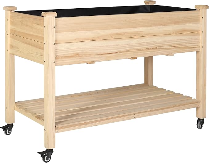 Yardenaler 48x24x33in Raised Garden Bed Featuring Legs, Outdoor Elevated Wood Planted Box Equipped with Wheels & Shelf for Vegetable, Flower, Backyard and Patio, Natural