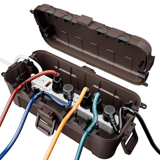 RESTMO Outdoor Electrical Box, IP54 Weatherproof Extension Cord Cover with 6 Cable Entry Ports, Waterproof Connection Box Protect Power Strip, Timer, Plug, Holiday Lights, (11.5x5.2x4 inch), Brown