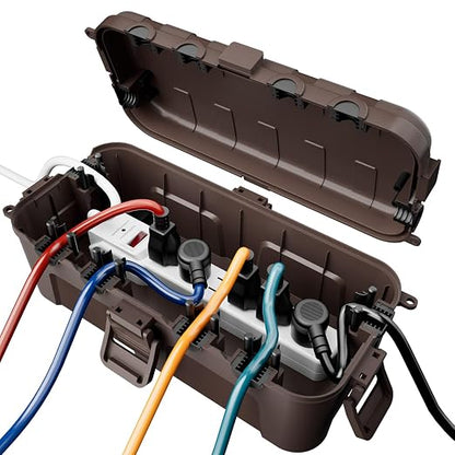 RESTMO Outdoor Electrical Box, IP54 Weatherproof Extension Cord Cover with 6 Cable Entry Ports, Waterproof Connection Box Protect Power Strip, Timer, Plug, Holiday Lights, (11.5x5.2x4 inch), Brown