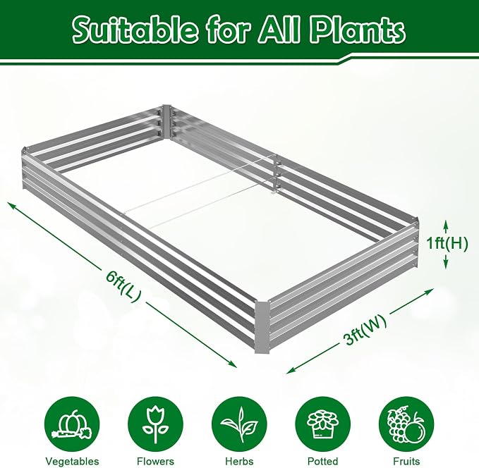 6x3x1FT Galvanized Raised Garden Bed, Metal Planter, Silver,1 Pack | Thick Galvanized Steel, Easy Assembly,Outdoor Patio,Open Bottom,Smooth Surface,Planter Kit for Vegetables, Herbs, Flowers