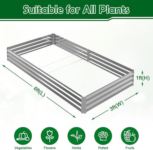 6x3x1FT Galvanized Raised Garden Bed, Metal Planter, Silver,1 Pack | Thick Galvanized Steel, Easy Assembly,Outdoor Patio,Open Bottom,Smooth Surface,Planter Kit for Vegetables, Herbs, Flowers