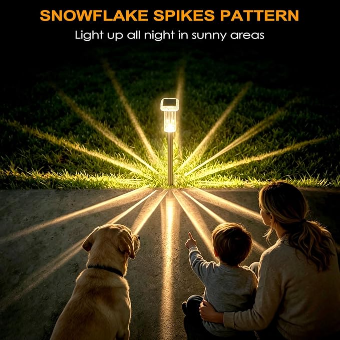 DenicMic Solar Pathway Lights Outdoor Waterproof 4 Pack 10 Lighting Mode | 3000K/4000K/6000K Fix Color Changing LED Acrylic Stainless Steel Crystal Style Star Pattern Yard Garden Landscape Path Lights