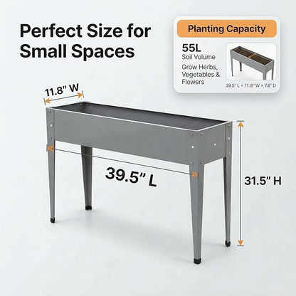 Gardzen Elevated Garden Bed Outdoor, Metal Herb Planter Box with Legs, Galvanized Steel Raised Planter, Drainage Hole, Easy Assembly Standing Planter for Patio Balcony Backyard, 40x12x31 in