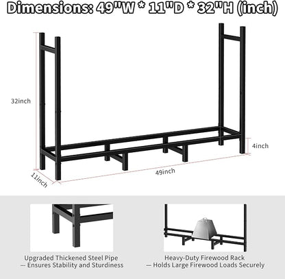 DIAMONDFORGE 4ft Firewood Rack Outdoor, Heavy Duty Fire Wood Stand, Metal Firewood Rack Indoor, Firewood Holder Storage, Log Wood Pile Racks Stand for Patio, Garden, Backyard, Matte Black