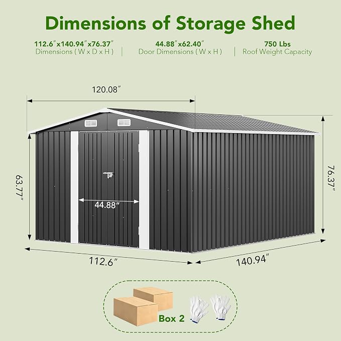 MXV 12 x 10FT Outdoor Storage Shed, Metal Garden Shed with Windows, Double Lockable Doors & Sloped Roof, Waterproof Tool Sheds for Backyard Garden Patio Lawn, Black