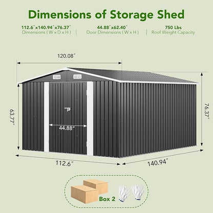 MXV 12 x 10FT Outdoor Storage Shed, Metal Garden Shed with Windows, Double Lockable Doors & Sloped Roof, Waterproof Tool Sheds for Backyard Garden Patio Lawn, Black