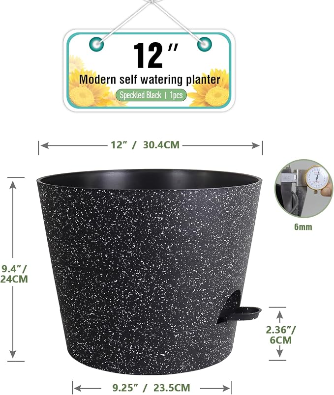 Meowell 12 inch Large Self Watering Pots, Plant Pots with Mesh Drainage Holes for Indoor Outdoor Plants, Plastic Planters with Deep Reservoir for Garden House Flower Plants, Speckled Black