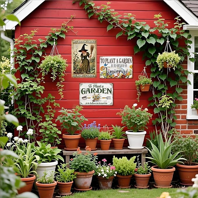 Vintage Outdoor Garden Witch Metal Tin Sign My Broom Broke So Now I Garden Wall Art for Outdoor Backyard Greenhouse Wall Decor