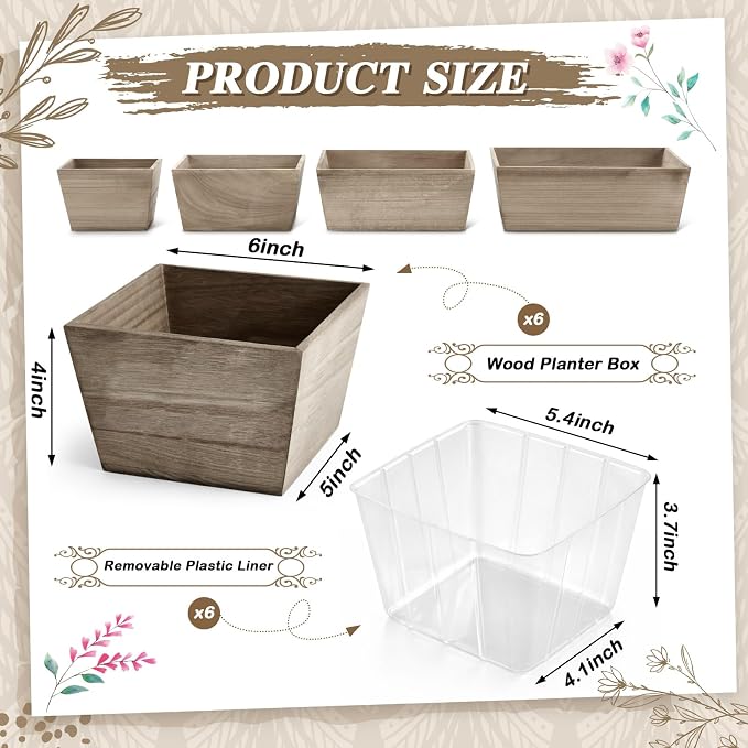 Dandat 6 Set Wooden Centerpiece Box for Wedding Table Decor 6 Inch Rustic Wood Planter Box with Removable Plastic Liner Flower Boxes for Party Wedding Baby Shower Home Garden Decor(Brown)