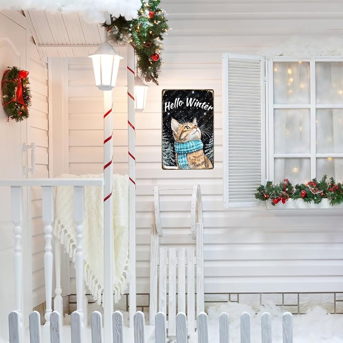 Hello Winter Cat Metal Signs Pine Trees Snowflakes Tin Signs Aluminum Sign for Home Farmhouse Office Outdoor Kitchen 12×8 Inch