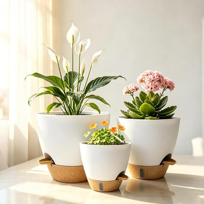 4-Pack Large Self Watering Pots for Indoor Plants, 12/10/9/8 Inch Planters with Visible Water Level Window, Automatic Watering System for Monstera, Fiddle Leaf, Herbs, Succulents, White