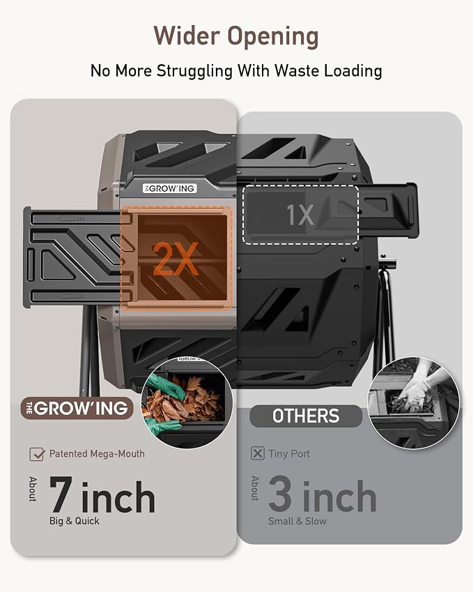 THE Growing 43 Gal Outdoor Compost Bin Tumbler for Backyard Garden, Brown | Twin 21.5gal chambers blend with landscapes. Pre-embedded nuts for fast setup. Durable resin deters pests and bad odors.