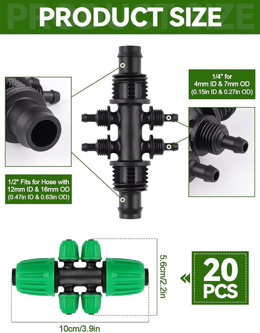 Kalolary 20PCS Locked Barbed Tee Connectors, 1/2” to 1/4” Drip Irrigation Fittings Kit 12/16mm to 4/7mm Tube Lock Female Connector 6-Way Barbed Lock Irrigation Parts for Watering System (Green)