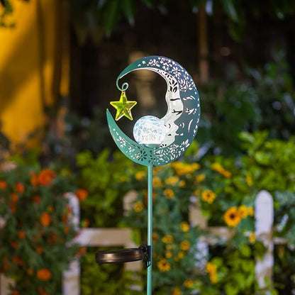 Hapjoy Outdoor Solar Lights Garden Decor for Patio,Lawn or Pathway Moon Decorations Crackle Glass Globe Stake Metal Lights Waterproof Warm LED Garden Gifts (Blue)