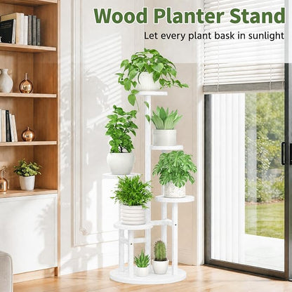 LASZOLA 5 Tiered Wood Plant Stand Indoor Corner, Flower Holder Rack Tall for Multiple Plants, Rustic Planter Shelf Display for Patio Garden Balcony Living Room， White