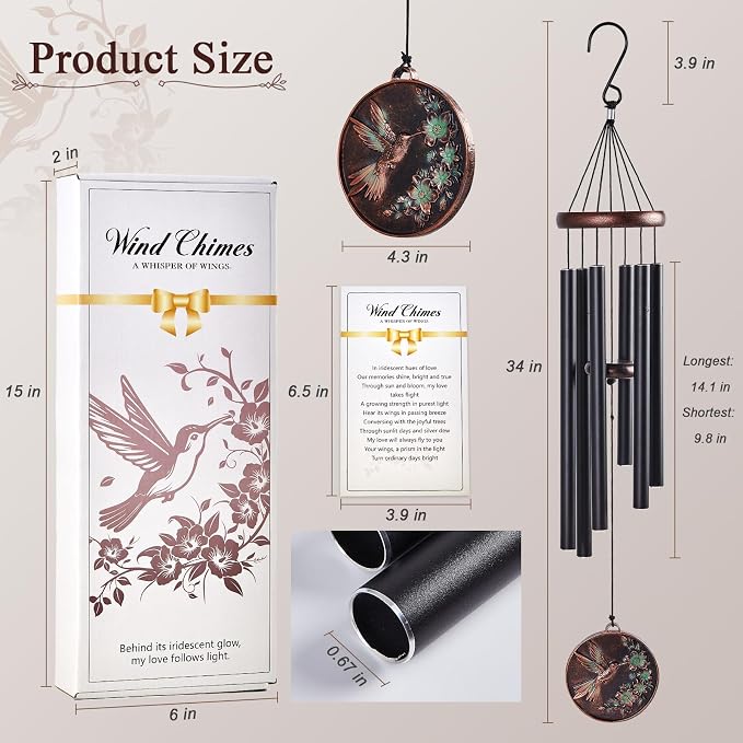 Wind Chimes for Outside 34" Vintage Hummingbird Memorial Wind Chimes Outdoor for Garden Patio Porch Decoration Birthday Memorial Sympathy Gift for Loved One Mom Dad Grandpa Grandma Friends
