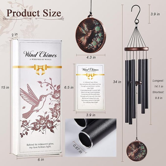 Wind Chimes for Outside 34" Vintage Hummingbird Memorial Wind Chimes Outdoor for Garden Patio Porch Decoration Birthday Memorial Sympathy Gift for Loved One Mom Dad Grandpa Grandma Friends