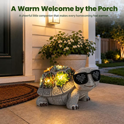 Unique Solar Garden Turtle Statue with I Love You LED Sunglasses and Succulent LED Lights, Lawn Decor Tortoise Figurine for Patio, Balcony Yard Ornament for Mom, Women & Grandma
