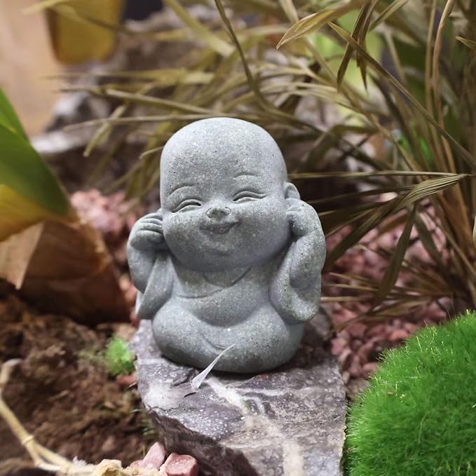 4PCS Laughing Buddha Statue for Good Luck & Feng Shui Decor – Cute Small Zen Monk Sandstone Sculpture for Home, Office, Desk, Aquarium Decor (Four no Zen Statue)