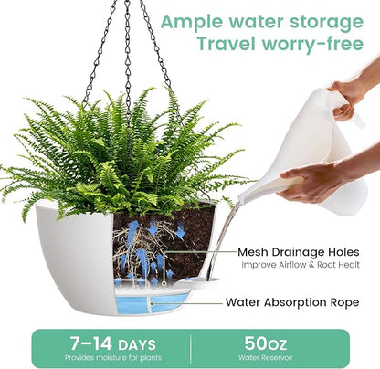 UOUZ 13 Inch 2 Pack Large Self Watering Hanging Planters for Indoor Outdoor Plants, Hanging Plant Pots with Removable 50 Oz Reservoir, Plastic Hanging Basket for Window Porch Garden, White