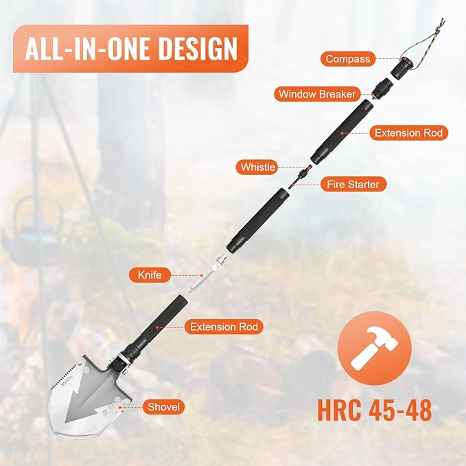 VEVOR Survival Shovel, 11 in 1 Camping Shovel Folding Multitool Kit, Portable and Compact, Stainless Steel, Multifunction for Off-Roading, Camping, Hiking, Outdoor, Survivalist and Emergency