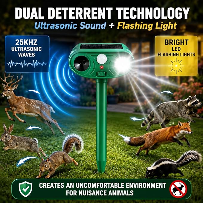 2pack Sonic Fortress Pro Deer Repellent, Solar Animal Repellent Outdoor | Cats Deterrent Ultrasonic Animal Deterrent with Flashing Light, Deer Rabbit Squirrel Raccoon Fox Cat Repellent for Garden