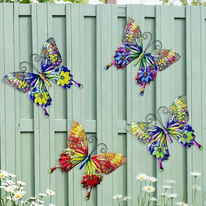 RLPZDWH Metal Butterfly Wall Art Decor, 4 Pack | 3D Metal Butterflies Outdoor Wall Art Sculpture for Garden Fence ,Yard, Backyard, Outside Wall, Patio and Balcony Decor