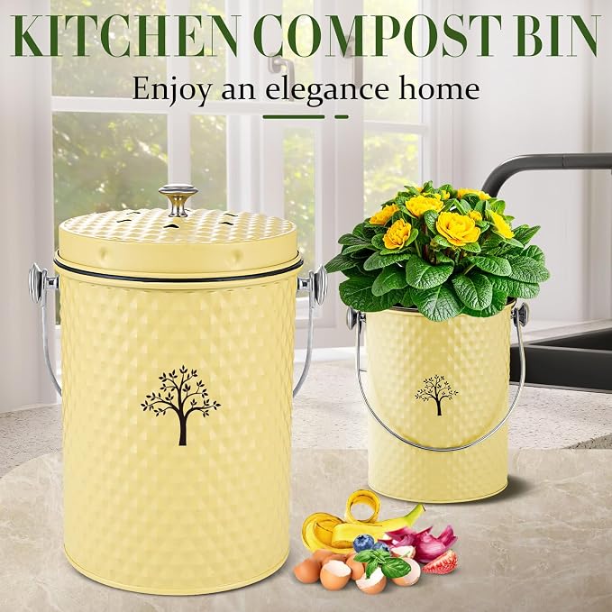 AOSION Countertop Kitchen Odorless Compost Bin with Removable Inner Bucket | 1 Gallon Composter Container,Includes 50 Compost Bags,2 Carbon Filters,Compost Bucket, ideal for food scraps,coffee grounds
