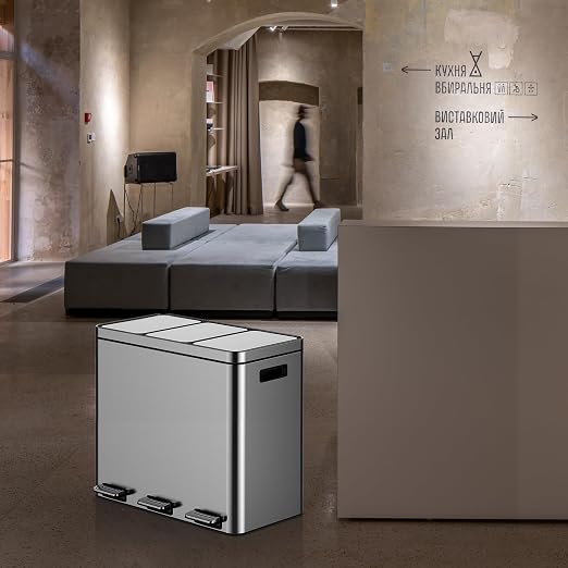 16 Gallon 3-Compartment Kitchen Trash Can, 60L Stainless Steel Step-On Recycle Bin with Soft Close Lid, Odor-Proof Triple Sorting System with 3 Removable 5.3 Gal Inner Buckets, Fingerprint-Resistant