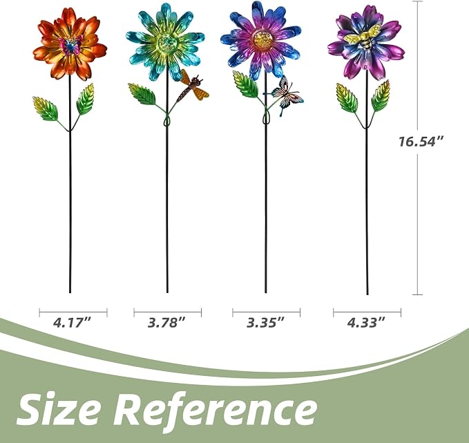 Calenzana Metal Flower Garden Stakes for Outside Set of 4, Flower Garden Decor with Shaking Head for Yard Porch Lawn Pathway, Multi-Color
