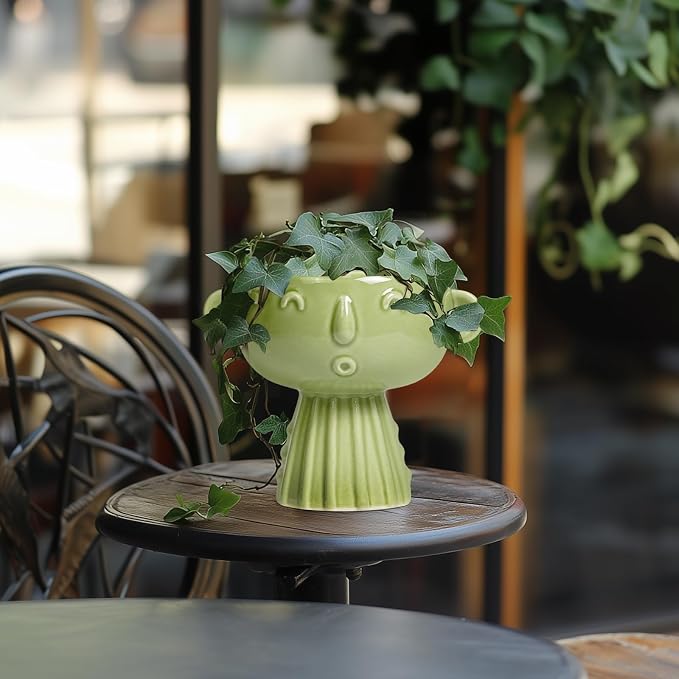 Face Planter Pot - 7 Inch Ceramic Head Planter for Indoor Plants Outdoor, Cute Succulent Flower Pots with Drainage Hole, Room Home Garden Decor, Gardening Gifts, Green