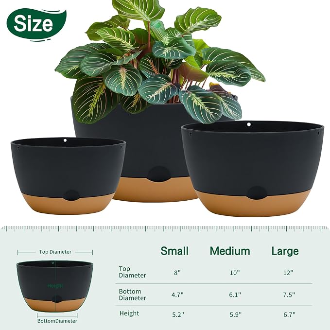 Koalaime 8/10/12 Inch Pots for Indoor Plants, Large Self Watering Planters with Drainage and Saucers, Plastic Outdoor Flower Pot, Set of 3, Grey