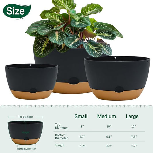 Koalaime 8/10/12 Inch Pots for Indoor Plants, Large Self Watering Planters with Drainage and Saucers, Plastic Outdoor Flower Pot, Set of 3, Grey