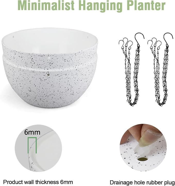 Meowell 10 inch Hanging Planters for Indoor Outdoor Plants, 2 Pack Hanging Flower Pots with Drainage Holes and Chain for Garden Porch, Plastic Hanging Baskets for House Plants, Speckled White