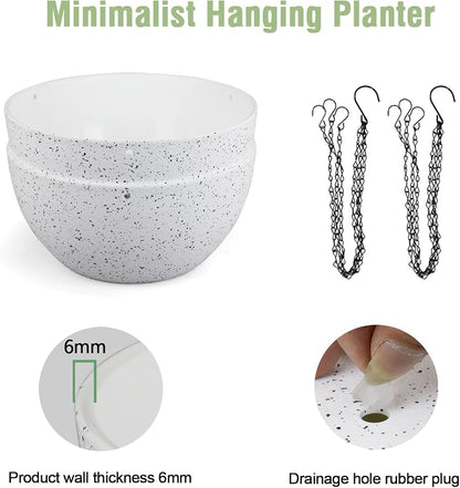 Meowell 10 inch Hanging Planters for Indoor Outdoor Plants, 2 Pack Hanging Flower Pots with Drainage Holes and Chain for Garden Porch, Plastic Hanging Baskets for House Plants, Speckled White